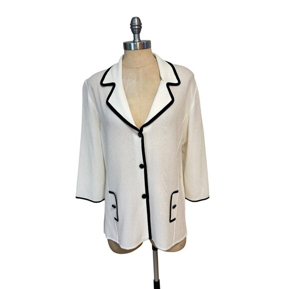 Misook White & Black Acrylic Blazer Jacket With 3/4 Sleeves Womens Large - Picture 1 of 4